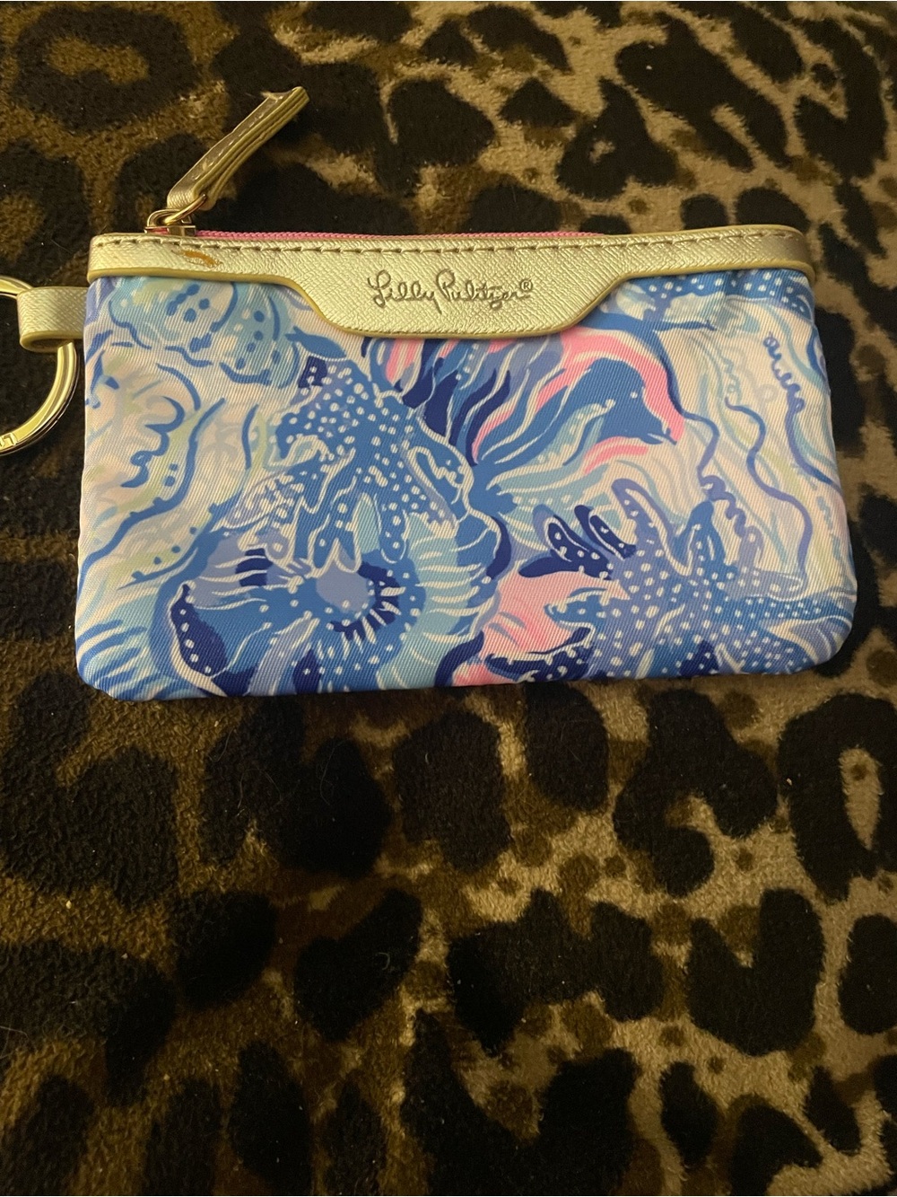 Lilly Pulitzer Blue and Pink Floral Key Ring Coin Pouch with Gold Trim